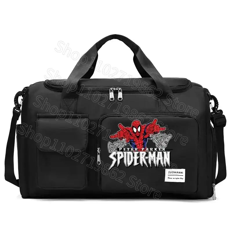 Black duffel bag with Spiderman design.