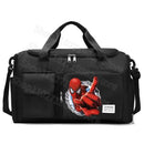 Black duffel bag with Spiderman graphic.