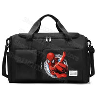 Black duffel bag with Spiderman graphic.