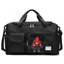 Black duffel bag with Spiderman graphic.
