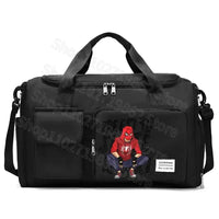Black duffel bag with Spiderman graphic.