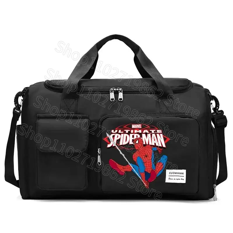 Black duffel bag with Spiderman design.