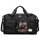 Black duffel bag with Spiderman graphic.