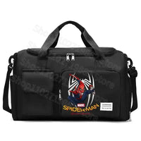 Black duffel bag with Spiderman graphic.