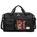 Black duffel bag with Spider-Man design.
