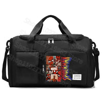 Black duffel bag with Spider-Man design.