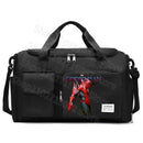 Black duffel bag with Spiderman graphic.