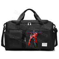 Black duffel bag with Spiderman graphic.
