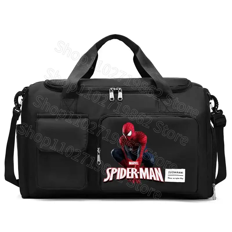 Black duffel bag with Spiderman graphic.