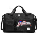 Black duffel bag with Spiderman logo.