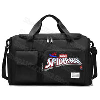 Black duffel bag with Spiderman logo.