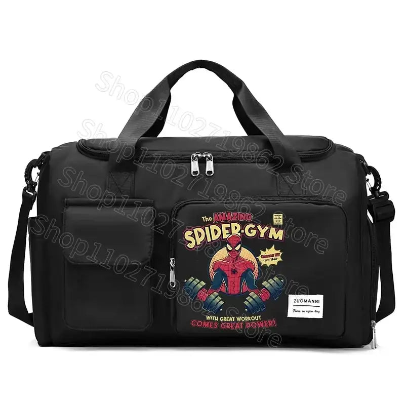 Black duffel bag with Spider-Man design.