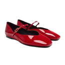 Pair of red patent leather Mary Jane flats.