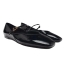 Black patent leather Mary Jane flats.