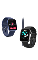 Two smartwatches with different colored bands.