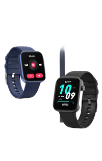 Two smartwatches with different colored bands.
