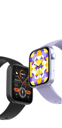 Two smartwatches with different display interfaces.
