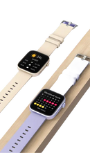 Two smartwatches with different colored bands.