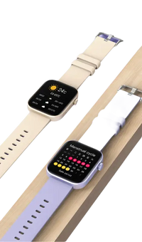 Two smartwatches with different colored bands.