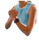 Fitness tracker displaying heart rate data.