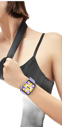 Lavender smartwatch with floral display.