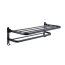 Black metal towel rack with dimensions.