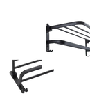 Black metal towel rack with hooks.