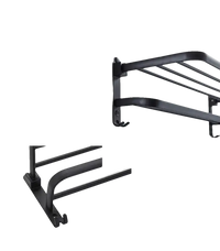Black metal towel rack with hooks.