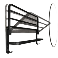 Black metal towel rack with hooks.
