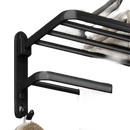 Black metal towel rack with multiple bars.