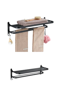 Black metal towel rack with shelf.