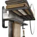 Black metal towel rack with shelf and hooks.