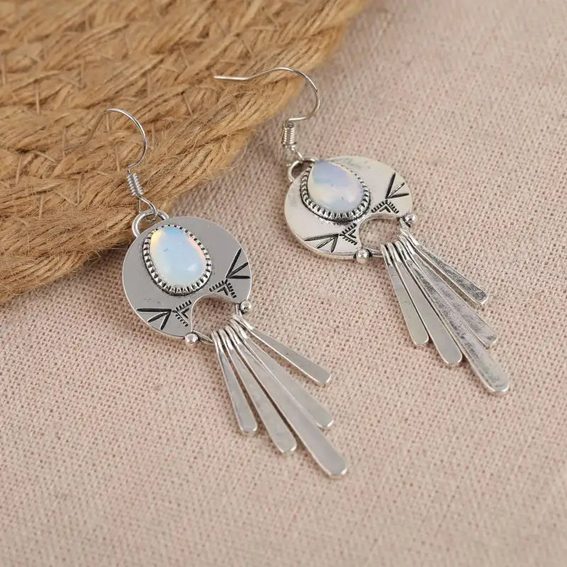 Moonstone Silver Dangles Creative Retro Metal Tassel Pendant Earrings