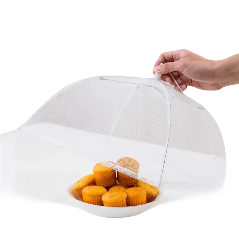 Mesh food cover over muffins.