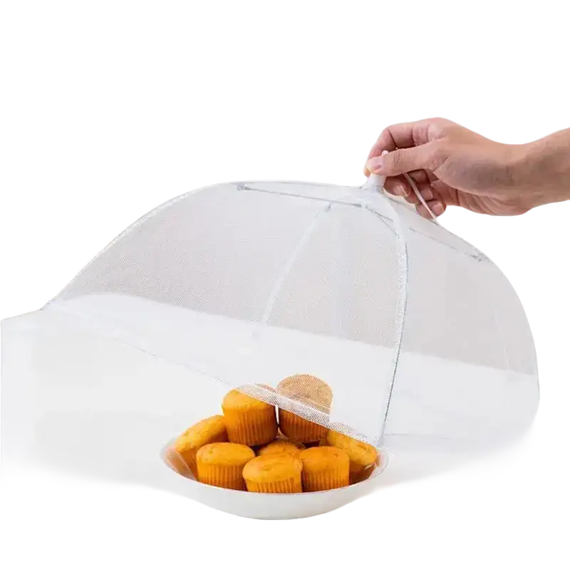 Mesh food cover over muffins.