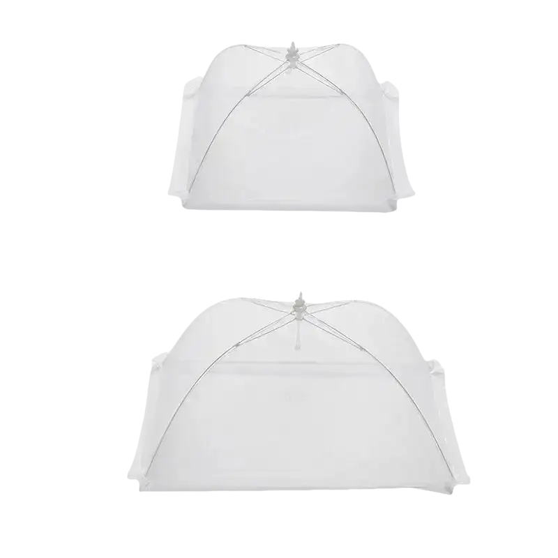 Two white food covers with dimensions.