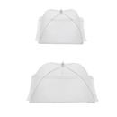 Two white mesh food covers with dimensions.