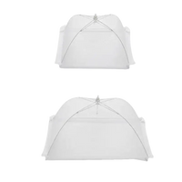 Two white mesh food covers with dimensions.