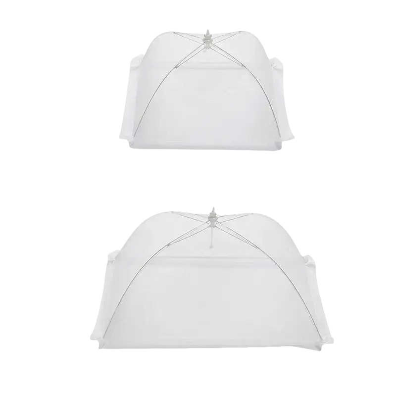 Two white mesh food covers with dimensions.