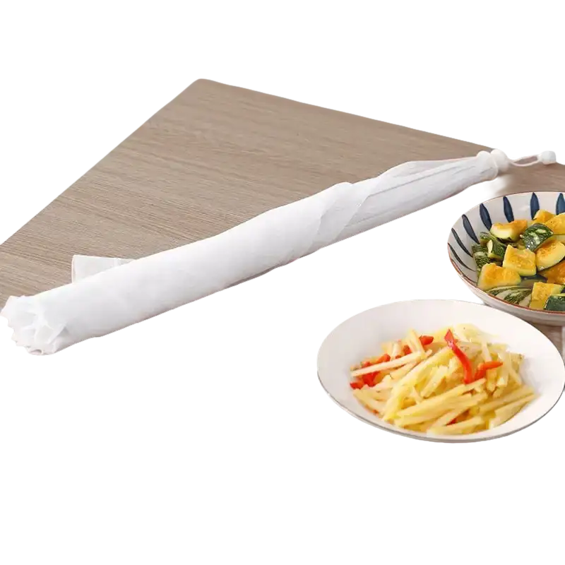 White drawstring food strainer.