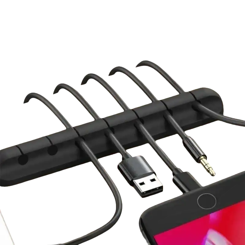 Black cable organizer with multiple slots.
