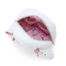 Open white plush purse with pink interior.