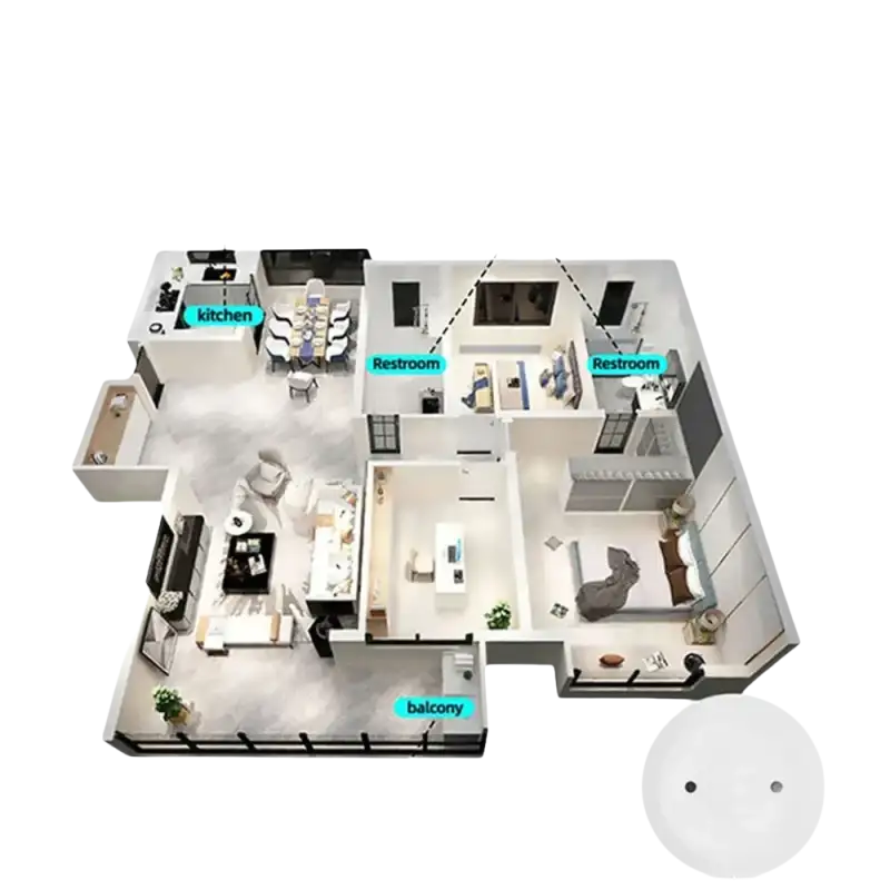 Floor plan with water leak alarm placement.