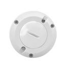 Round white plastic cover with screws.