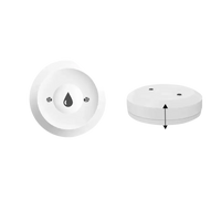 White, round, smart home sensor with product parameters.