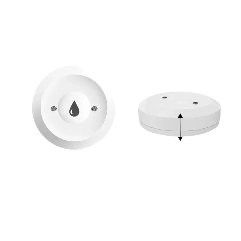 White, round, smart home sensor with product parameters.