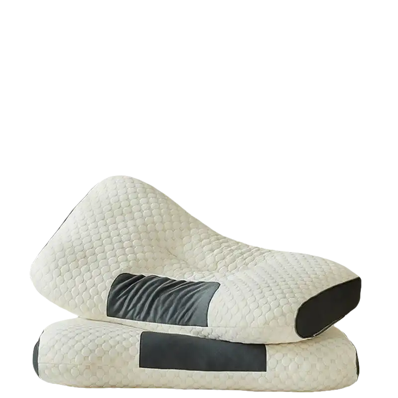 Two white neck support massage pillows with gray accents.