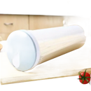 Cylindrical pasta container with light blue lid.