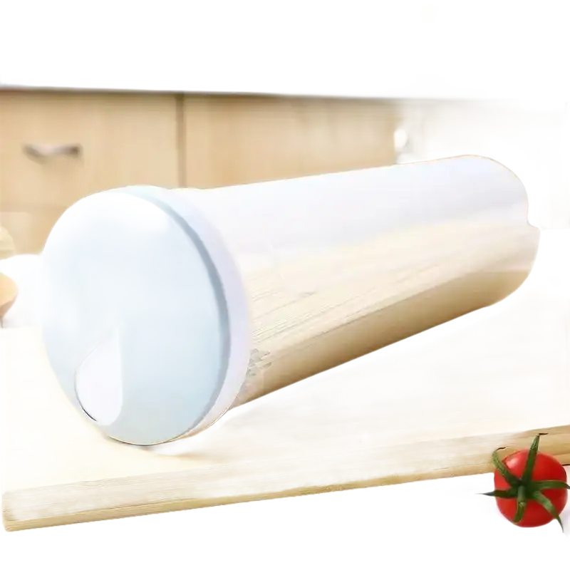 Cylindrical pasta container with light blue lid.