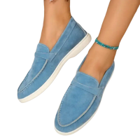 Blue suede loafers.